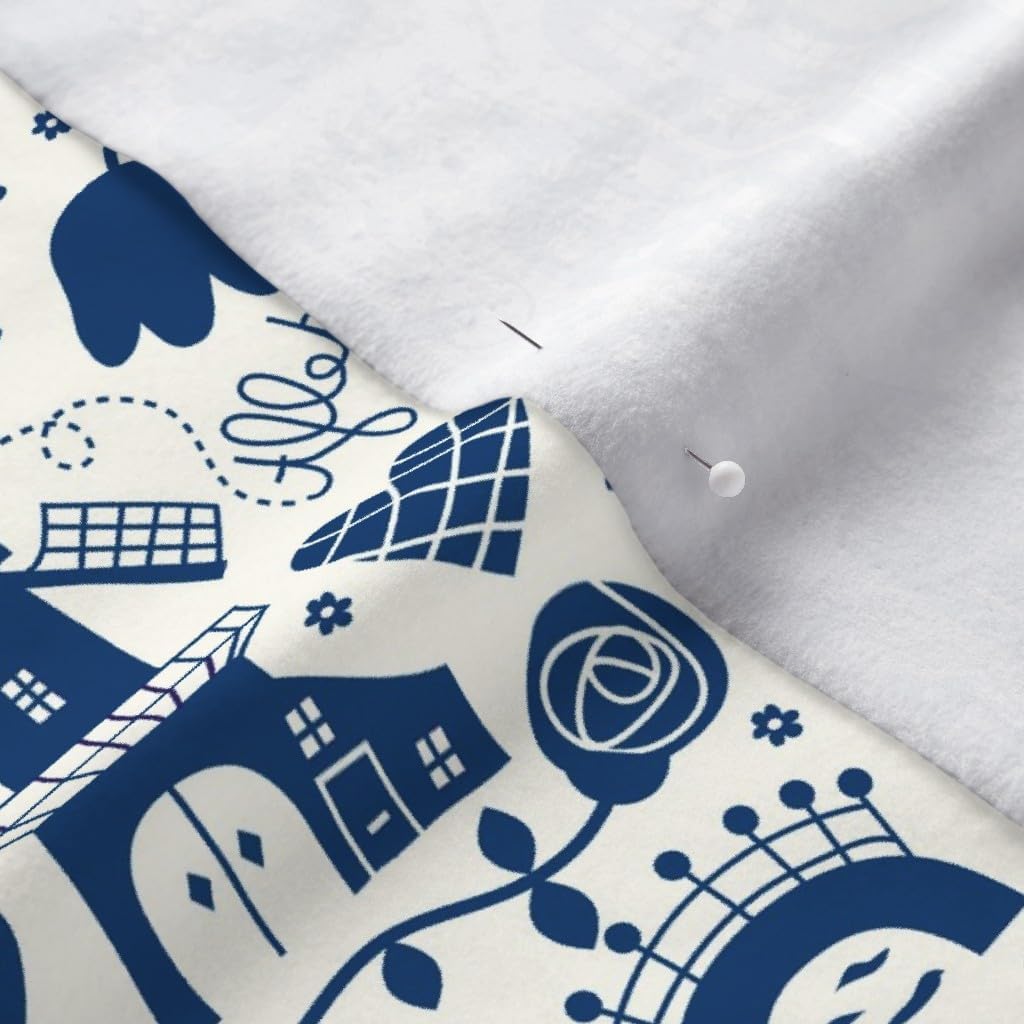 Spoonflower Fabric - Delft Dutch Windmill Blue Folk Art Travel City Old Printed on Polartec(R) Fleece Fabric by The Yard - Sewing Blankets Loungewear and No-Sew Projects
