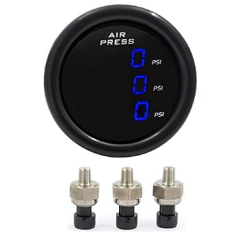 LCD Three Pressure Air Pressure Gauge 290 PSI Air Pressure Gauge Kit-for Air Ride Suspension Systems -2Inch 0-290PSI with 3Pcs 1/8NPT Sensors and 16.5ft Sensor Cable LCD Blue