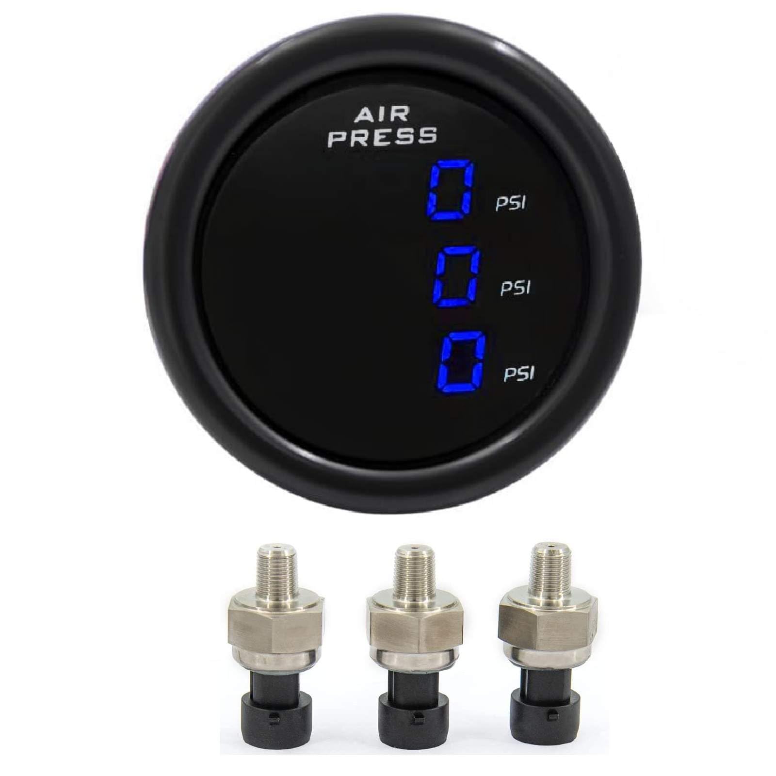 ZHSYMX LCD Three Pressure Air Pressure Gauge 290 PSI Air Pressure Gauge Kit-for Air Ride Suspension Systems -2Inch 0-290PSI with 3Pcs 1/8NPT Sensors and 16.5ft Sensor Cable LCD Blue