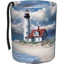 Beach Lighthouse Portable Car Trash Bin Hanging Garbage Can Watercolor Sky Cloud Lightweight Car Trash Bag for Back Seat, Collapsible Car Organizations Vehicle Interior Decorations
