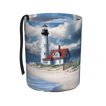Beach Lighthouse Portable Car Trash Bin Hanging Garbage Can Watercolor Sky Cloud Lightweight Car Trash Bag for Back Seat, Collapsible Car Organizations Vehicle Interior Decorations