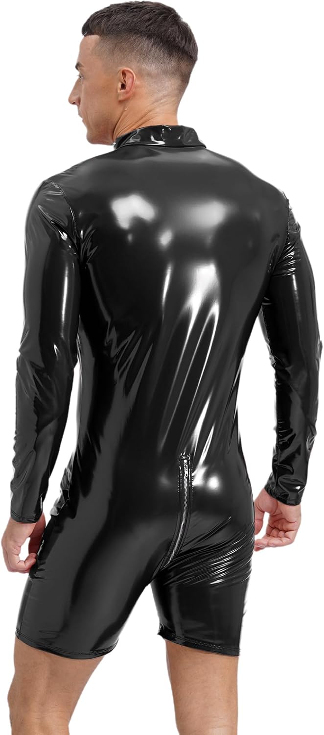 Jugaoge Mens Wet Look PVC Leather Long Sleeve Zipper Leotard Bodysuit Policeman Cosplay Costume