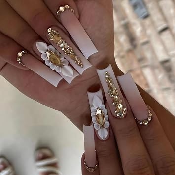 Flower Press Extra Long Square Coffin Nails - Rhinestone Gradient Matte False Nails - Full Cover Artificial Acrylic French Stick-On Nails - DIY Glue-On Manicure Kit for Women