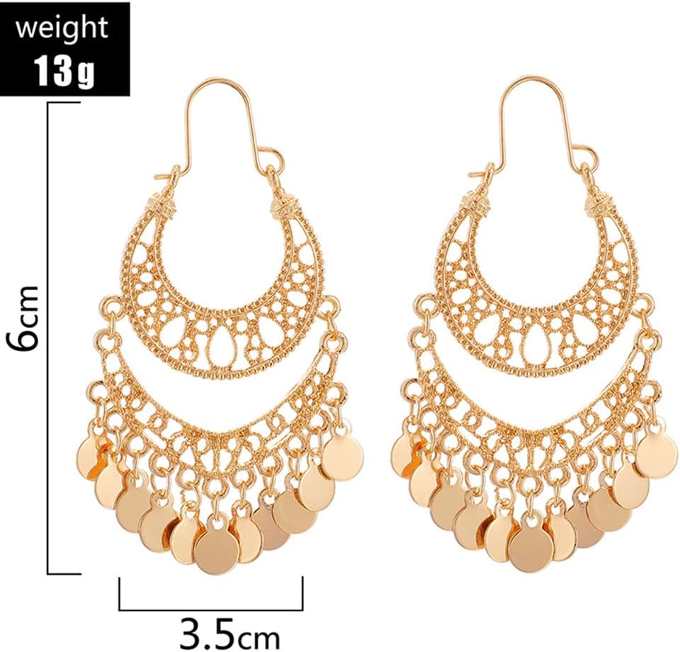 Boho Gold Chandelier Dangle Earrings for Women,Modern Geometric Disc Hollow Filigree Long Tassel Dangling Earrings,Trendy Statement Jewelry Gifts - Image 3