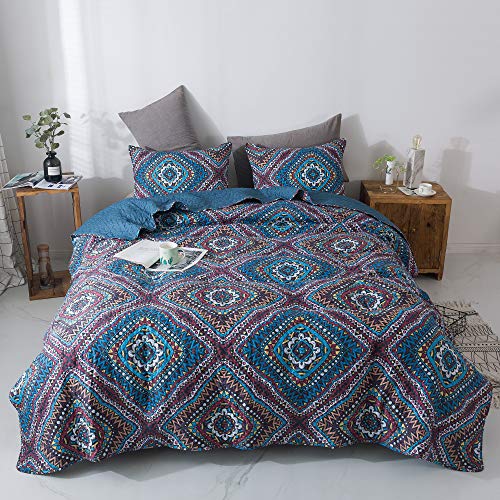 Dada Bedding Bohemian Native Reversible Bedspread - Rustic Navy Blue Geometric Diamond Shapes - Bright Vibrant Multi-Colorful Quilted Coverlet Set - Cal King Size - 3-Pieces #TOP7