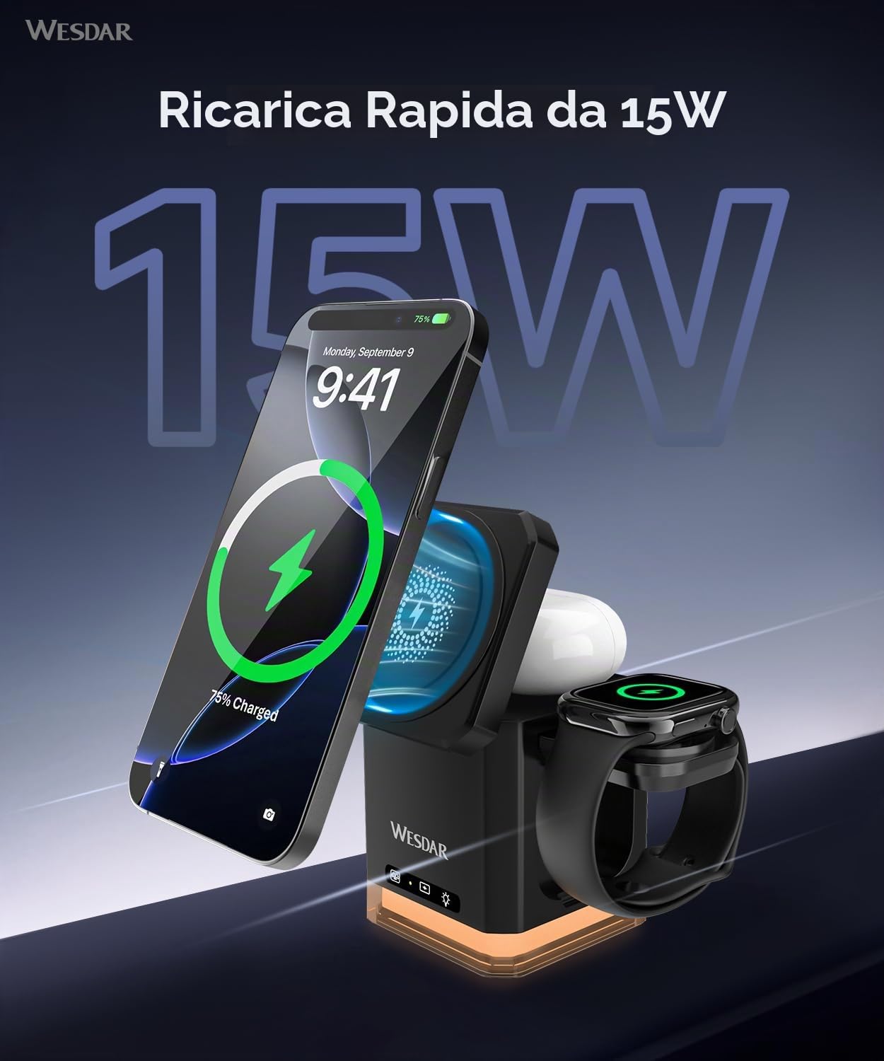 WESDAR 3 in 1 Magnetico Caricatore Wireless per iPhone 15W Compatibile,Stazione di Ricarica Magnetica 15W per iPhone 17/16/15/14/13/12 - Base Pieghevole(NERO)