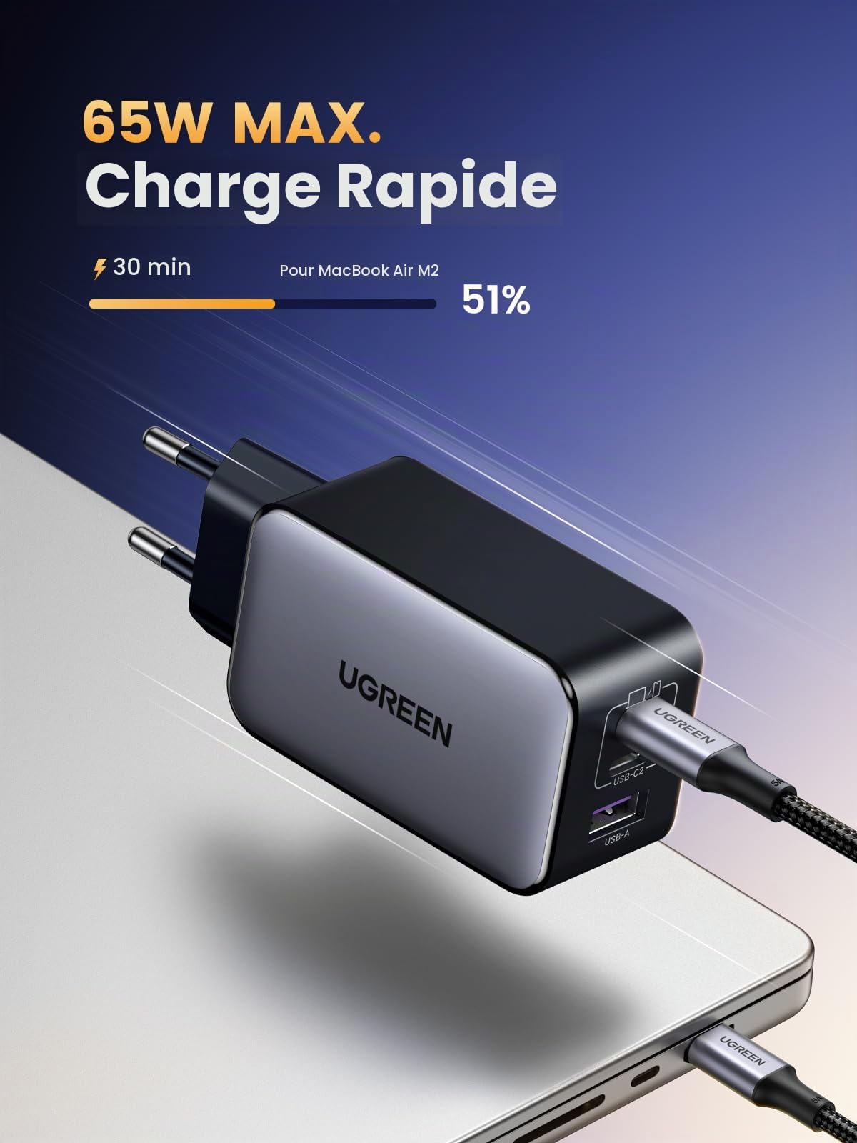 UGREEN Nexode 65W Chargeur USB C avec 45W Power Bank 20000mAh Câble USB C Intégré