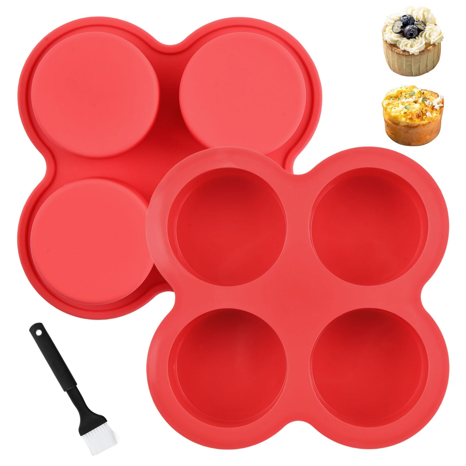 2 Piezas Molde de Silicona con Pincel para Magdalenas, Molde Repostería 4 Cavidades Antiadherente, Molde Cupcake Mini, Sin BPA para Horno, Air Fryer, Lavavajillas (Rojo)
