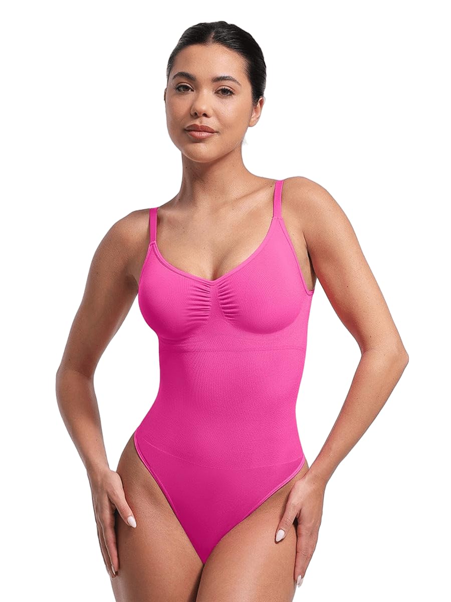 The Edit SHOP Women's Seamless Cami Thong Bodysuit – Bra-Free Tummy Control Shapewear with Removable Pads, Slimming Compression Bodysuit for Under Dresses & Outfits