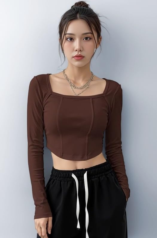 Women's Long Sleeve Slim Fit Crop Top/T-Shirt Square Neck Casual (Top-Avatar-1)