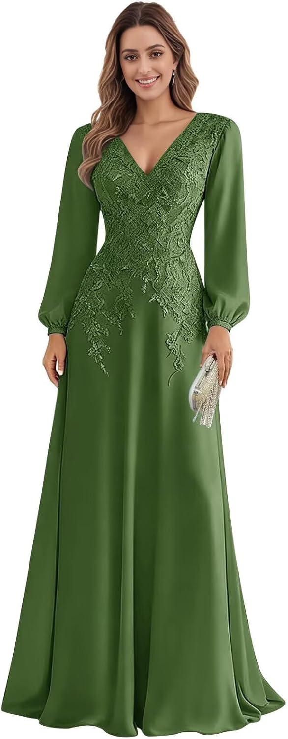 Appliques Chiffon Mother of The Bride Dresses Long Sleeves V-Neck Wedding Guest Dress