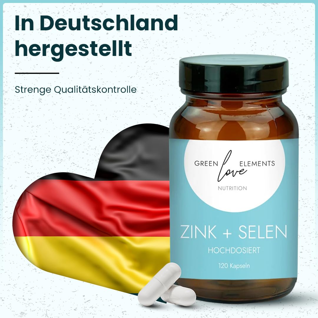 Zink + Selen Kapseln 25mg + 55 µg Hochdosiert - Vegan. In Deutschland hergestellt. Zinkgluconat- Für Haut, Haare, Nägel und Knochen. Für ein starkes Immunsystem. 120 Kapseln im Glas