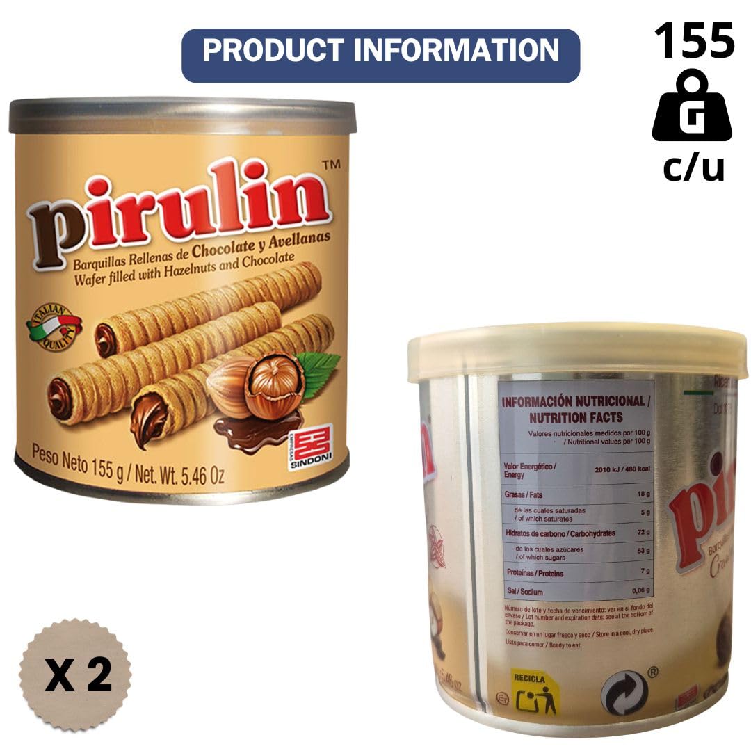 Pirulín Sindoni Pack de 2 Latas 155 g c/u | Barquillos Rellenos de Crema de Chocolate y Avellana | Snack Dulce Venezolano | Ideal para Compartir o Regalar