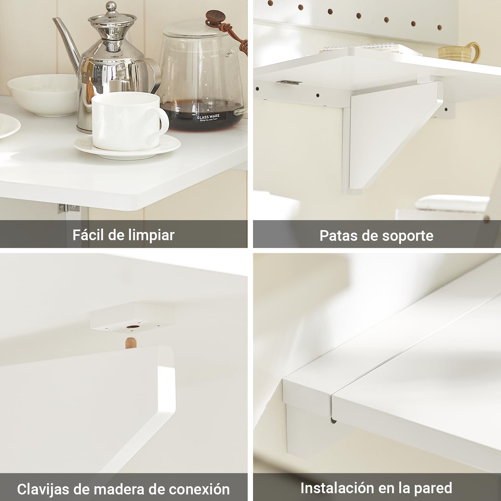 SoBuy Mesa Plegable a Muro, Escritorio Compacto, Mesa de Cocina Plegable, Diseño Salvaspacio, Extensible, Ideal para Espacios Pequeños, Cocina, Oficina, 60x40cm Blanco FWT03-W