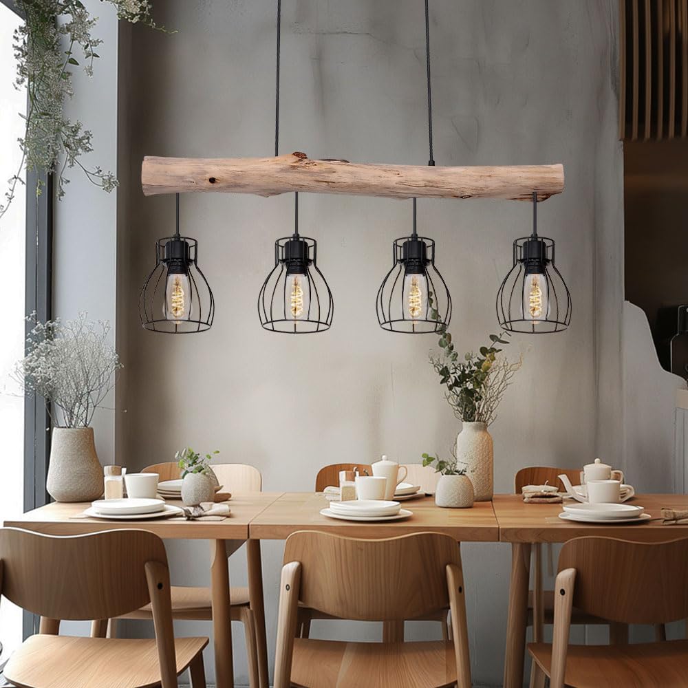 GLOBO Design Decken Hänge Leuchte Holz Balken Pendel Spot Ess Zimmer Retro Gitter Lampe 15326-4N