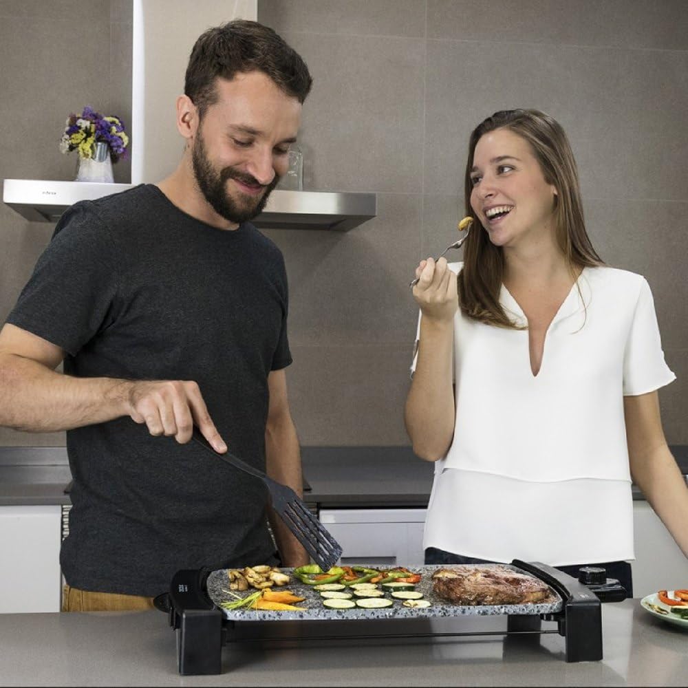 Cecotec Elektrische Grillplatte Rock&Water 2000 RockStone Steinverkleidung, 2150 W, 40 x 20 cm, spülmaschinenfest, Grau Schwarz