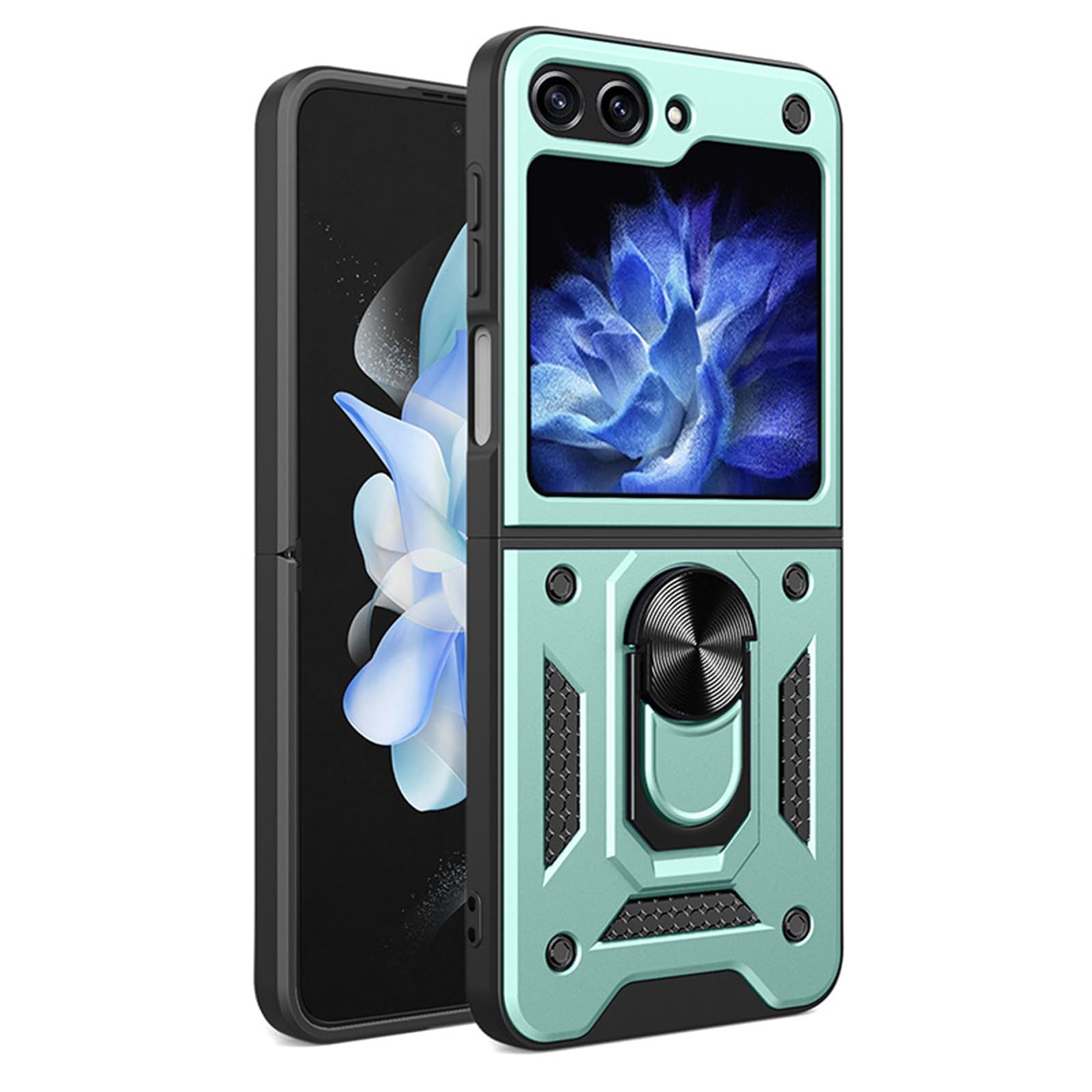 Moda Custodia per Samsung Galaxy Z Flip 6,Hard PC Robusta Cover Assorbimento Magnetico Supporto Ad Anello in Metallo Caso,Verde,Z Flip 6