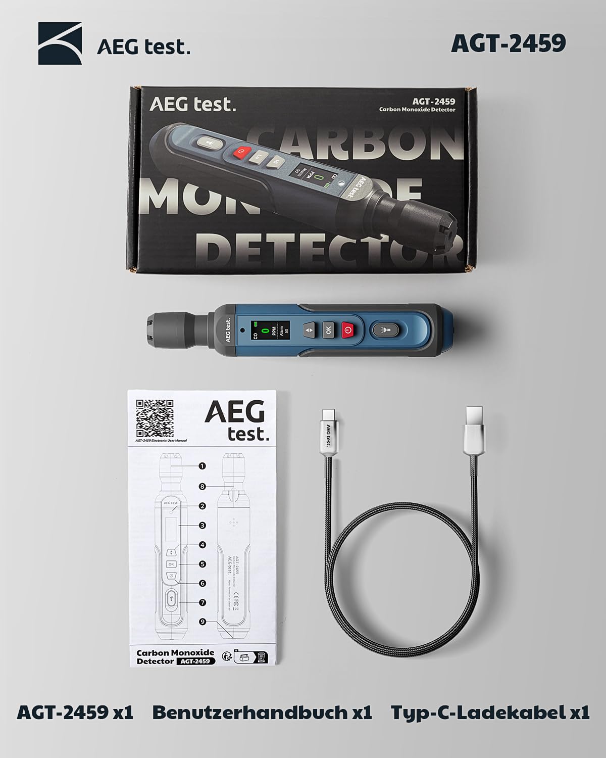 AGT-2459 Tragbarer Kohlenmonoxid-Detektor, wiederaufladbar, 0~1000PPM, mit akustischem und visuellem Alarm, TFT-Farbdisplay – für Zuhause, Reisen, Industrie und Mobile Einsätze – Blau