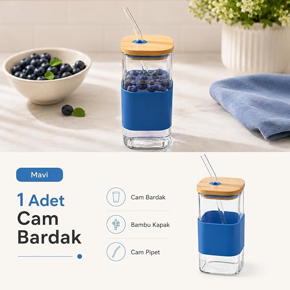 400 ML Bambu Kapaklı Cam Pipetli Bardak, Silikon Kılıflı Cam Su Bardağı, Yeniden Kullanılabilir Cam Pipetli İçecek Bardağı, Kahve Smoothie Soğuk İçecek Bardağı, Lacivert