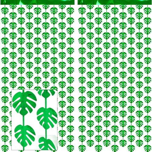 Paquete de 2 cortinas de flecos de hoja de selva, hojas de palma tropicales con purpurina verde, telón de fondo metálico para cumpleaños de safari, baby shower, suministros de decoración de fiesta