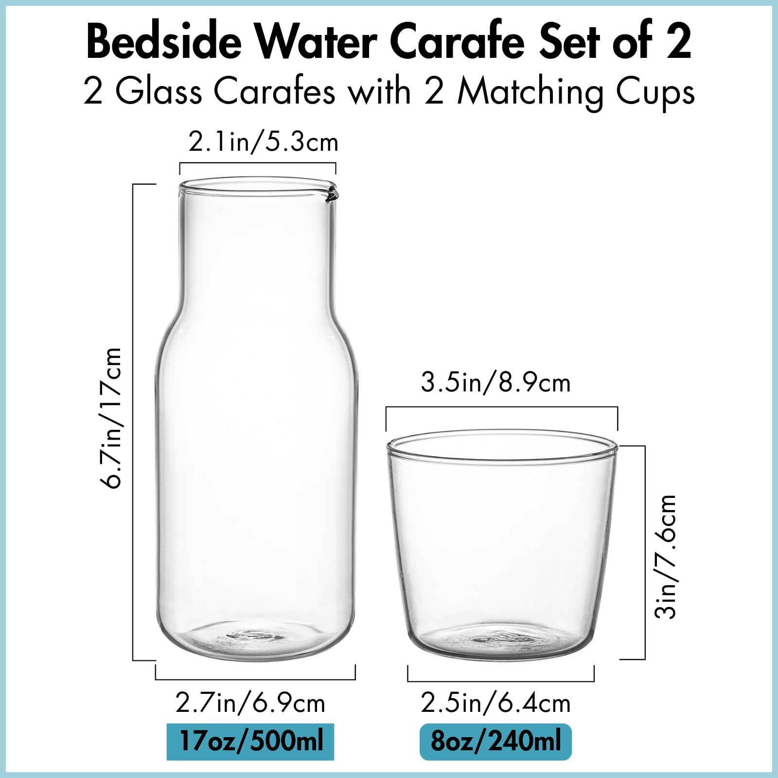 YOUEON Juego de 4 jarras de agua y vidrio para mesita de noche de 17 onzas, jarra de agua con taza de vidrio para mesita de noche, jarra con taza para cocina, dormitorio o baño