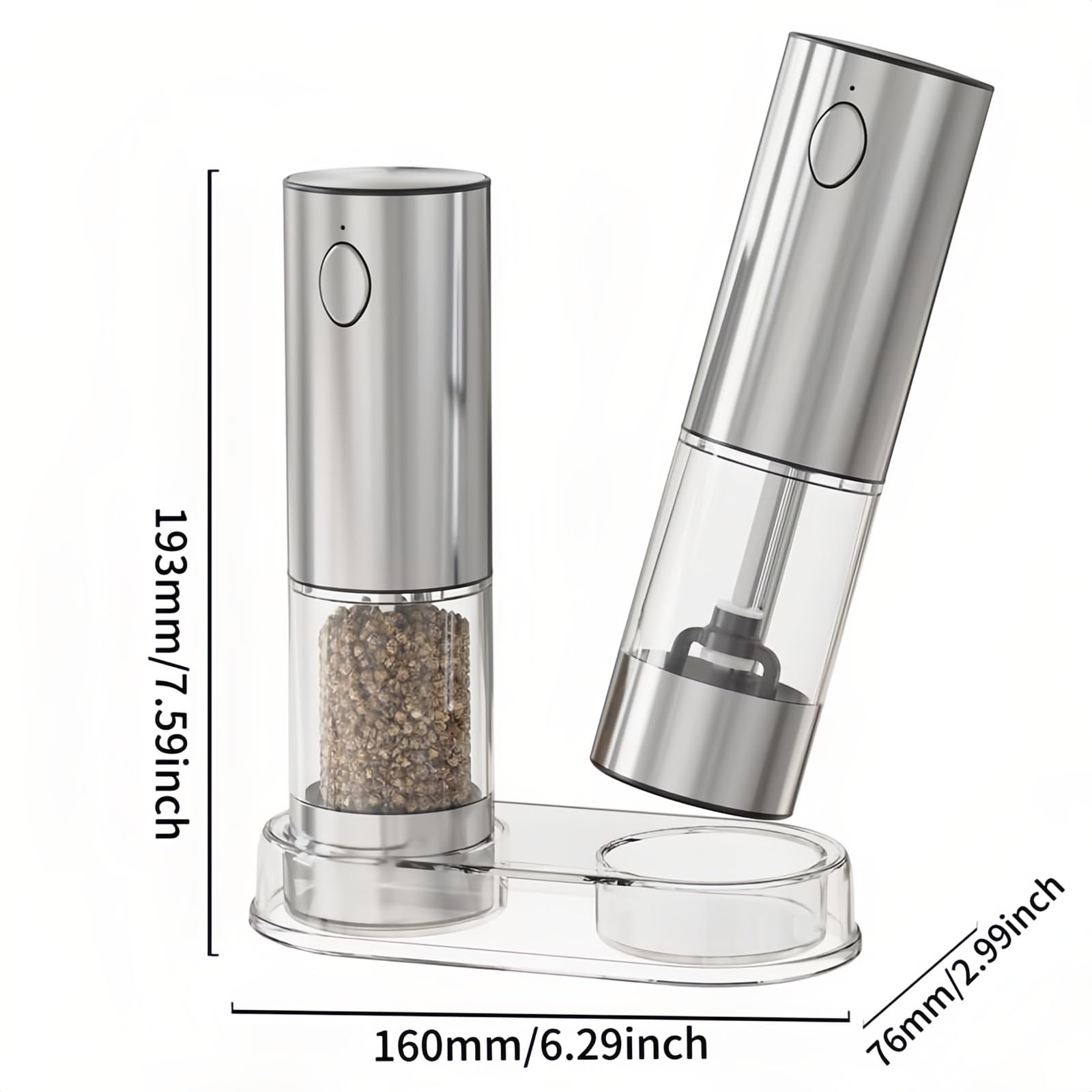 Electric salt and pepper grinder set with LED light. With USB port. Stainless steel automatic refillable 5 adjustable coarseness grinder