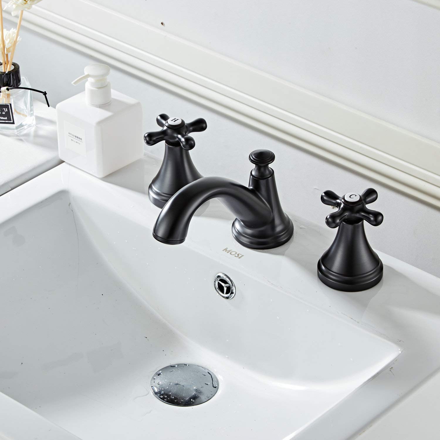 Rubinetto Bagno Lavabo Tre Fori Rubinetto Miscelatore, Nero Opaco