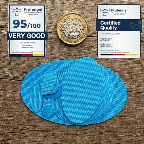 aZengear Repair Patches for Jackets, Tent, Shoe Toe, Air Mattress, Inflatables, PVC Gear - Waterproof, Self-Adhesive, Tear-Cold-Heat-Resistant, Down Puffer Coat (11 Pcs, Turquoise)