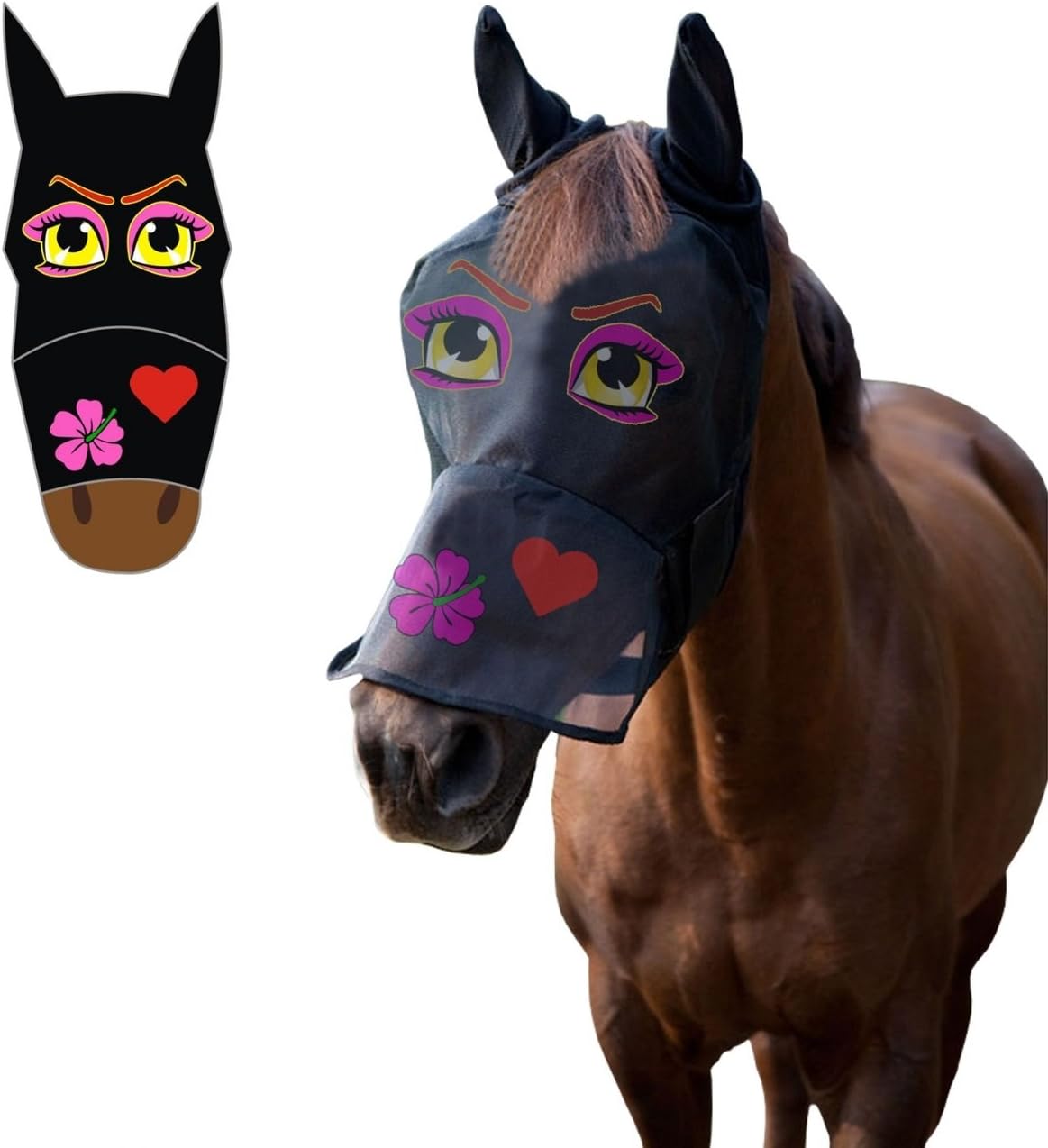 Horse Pony Cob Fly Mask Net Veil Hood Full Face Cartoon Polyester Ears Nose Protection (Cartoon Pink Eyes, Full)