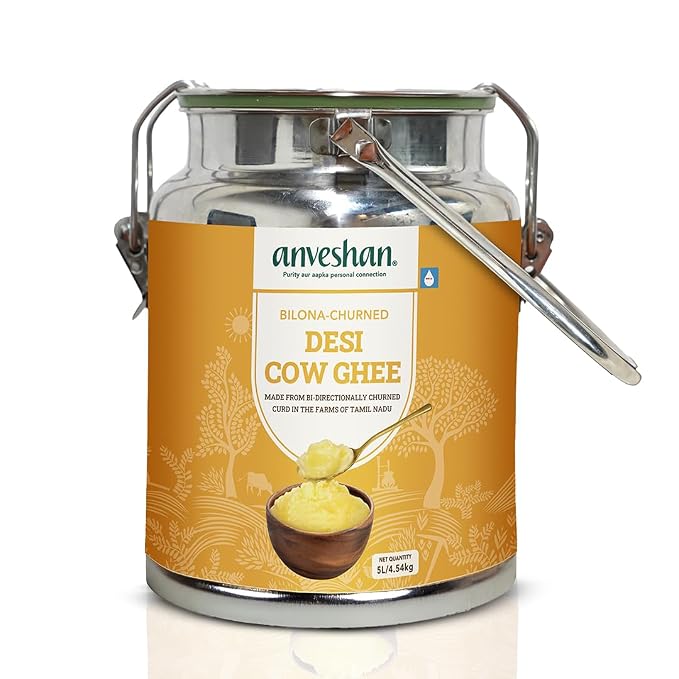 Anveshan A2 Ghee (5L Stainless Steel Dolchi) | Traditional Bilona Method | Curd- Churned | Cultured | Pure and Nutural | Lab Tested | Free-grazed, Grass-fed Desi Cows