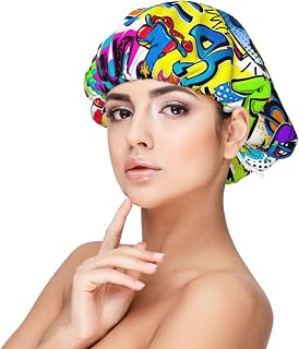 Gorro de dormir de satén con estampado de spray colorido, sombrero suave de doble capa para mujer, adecuado para dormir, tareas domésticas, maquillaje, color negro, Negro, Talla única