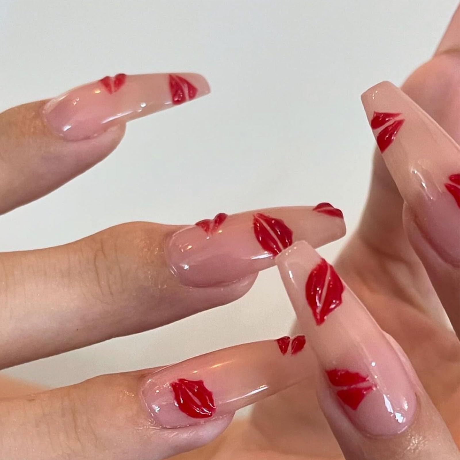 IMSOHOT Press on Nails Long Coffin Fake Nails with 3D Red Hickey Design Glossy Nude Glue on Nails for Women Girls Ballerina Acrylic Stick on Nails 24Pcs