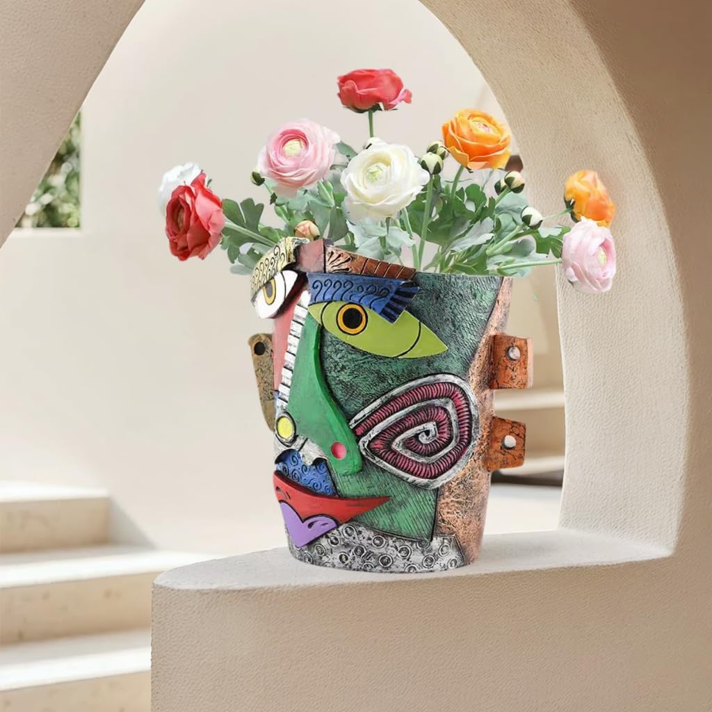 Picasso Abstract Face Flower Pot,Unique Resin Crafted Planter with Drainage Holes,Interesting Colorful Planter with Human face,for Indoor and Outdoor Botanical Home décor (Frown)