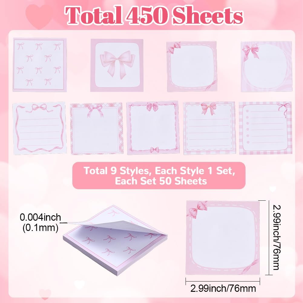 9 Styles 450 Sheets Aesthetic Sticky Notes Set Pastel Sticky Notes Bulk Square Self Adhesive Cute Sweet Cartoon Kawaii Bow Tie Sticky Pads for Home Office School Work Supplies Party Favor