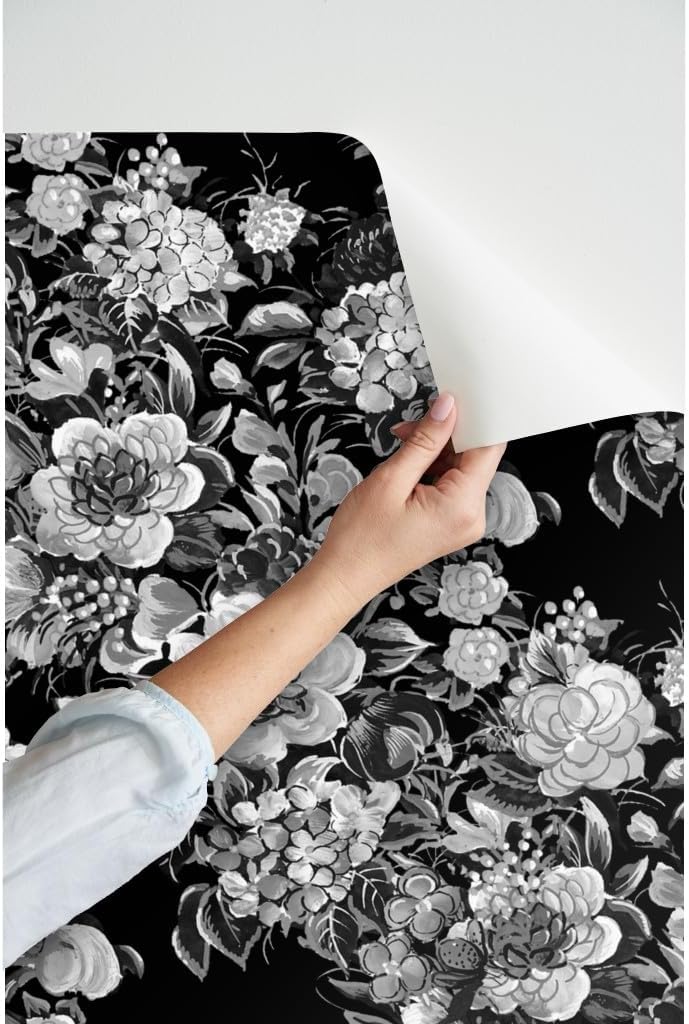 Peel & Stick Wallpaper 3ft x 2ft - Mid Century Modern Flowers Cocktail Midnight 1950S Floral Black Custom Removable Wallpaper by Spoonflower