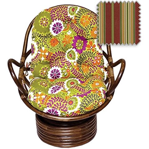 DCG Stores Bali Rattan Papasan Swivel Rocker with Cushion - Print Outdoor Fabric, Kingsley Stripe Ruby Exclusive Cover
