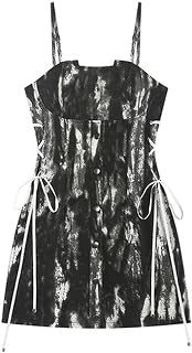 Summer Sexy Women's Vintage Tie Dye Spaghetti Strap Mini Dress Sleeveless High Waist Women's Party Club Slim A Line Dress-Black-XL