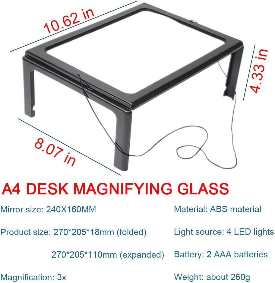 Desktop Full-Page 3X Magnifying Glass,with 4 LED Lights,Foldable Stand,A4 Advanced Hands-Free Magnifier, 240 * 160 MM Lens,Rectangular Magnifier,Visual Aids for Reading