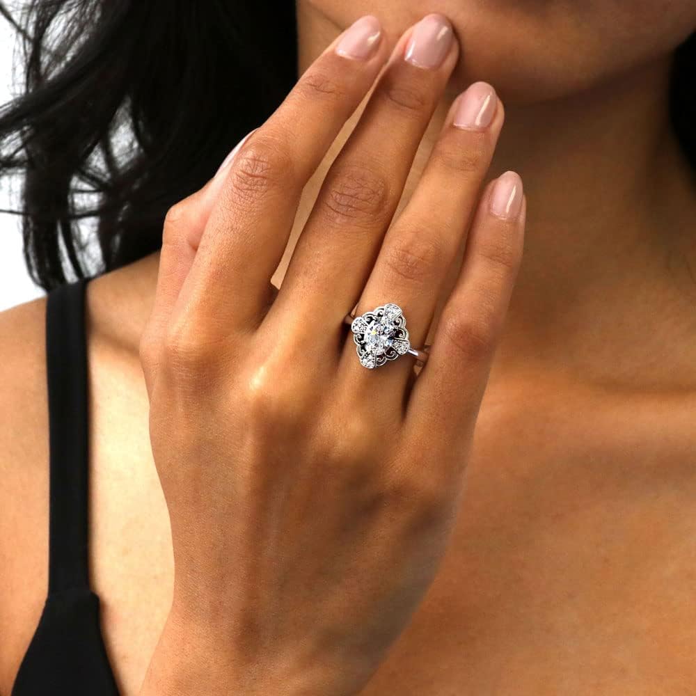 BERRICLE Sterling Silver Halo Wedding Engagement Rings Oval Cut Cubic Zirconia CZ Flower Ring for Women, Rhodium Plated Size 4-10