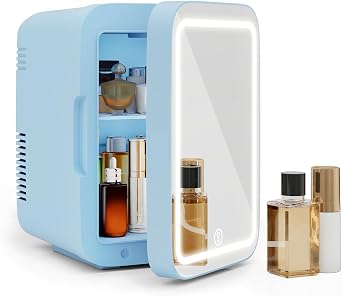 4 Liter Mini Fridge with Dimmable LED Mirror, AC/DC Skincare Fridge | 6-Can Portable Beauty Fridge for Makeup, Skincare, Food, Desk Refrigerator for Bedroom, Office, Car, Blue[Energy Class F] [Energy Class F]