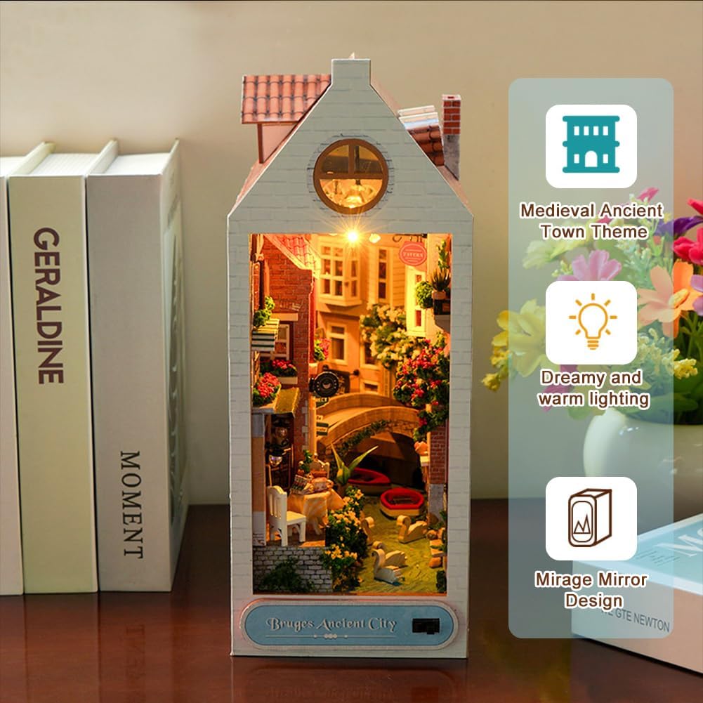 Book Nook Kit DIY Miniature House with LED Light Booknook Bookshelf Insert Decor Wooden Bookend Craft Hobby Diorama Kit Unique Gifts