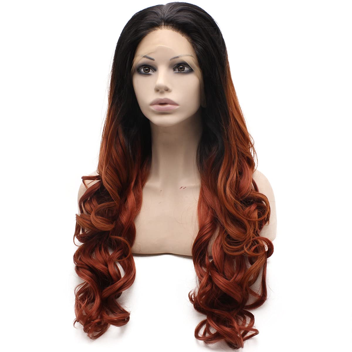 MX angel Long Black Roots Burgundy Red Ombre Wavy Synthetic Wig Lace Front Heat Resistant Fiber Hair