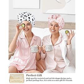 2Pcs Shower Caps for Women Shower Cap Reusable Waterproof Hair Cap for Shower with Adjustable Bowknot Luxury Bath Cap for Women (Black Dot & Pink Dot)