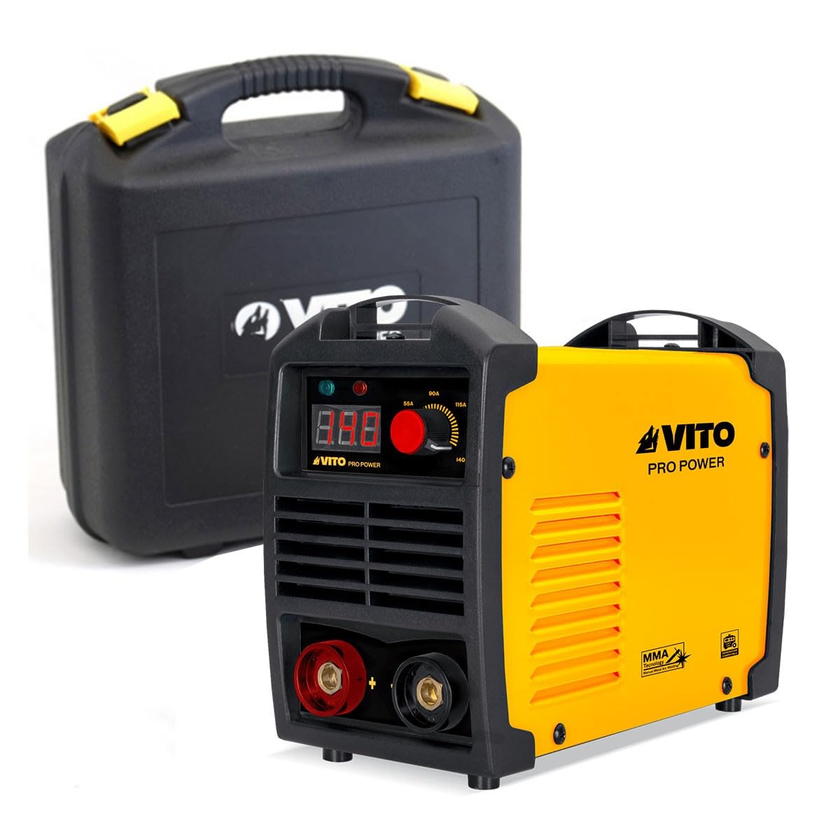 VITO - Poste à Souder Inverter 140 A - Affichage Numérique, Léger, MMA, Acier/​Inox/​Fonte, Épaisseur 8mm max - Idéal Maintenance & Réparation, Mallette Incluse