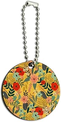 Laila Floral Pattern Wood Wooden Round Keychain Key Chain Ring