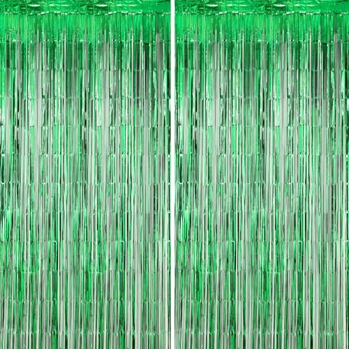 Image of Voircoloria 2 Pack Green Foil Fringe Backdrop Curtains, Tinsel Streamers Birthday Party Decorations, Fringe Backdrop for Graduation, Dinosaur Theme, Green Party