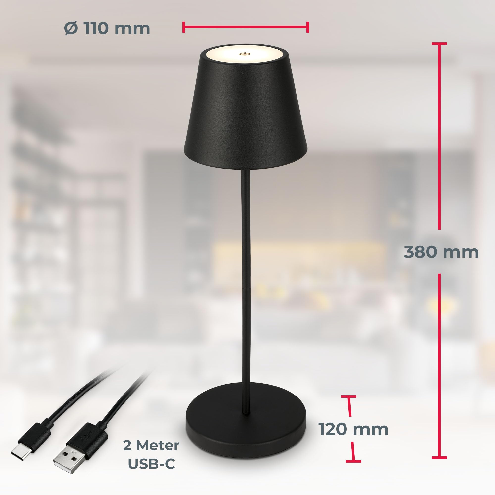 B.K.Licht - Lámpara de Mesa regulable Inalámbrica para Interior y Exterior, Recargable Lámpara de Mesita de Noche LED, Control Tactil, Luz cálida, Decoración de Balcón, Camping, Jardín, Negro, 38 cm