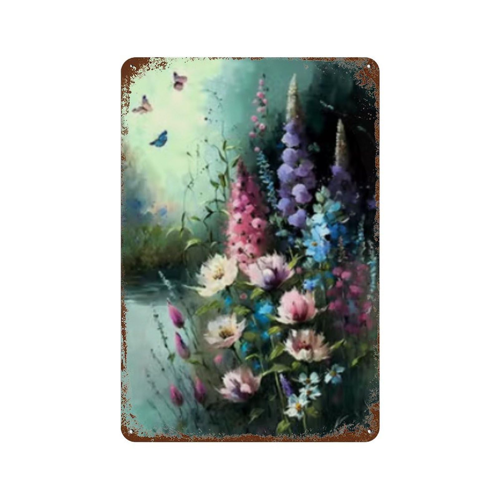 Vintage Metal Tin Sign Flowers by The River 11.8"x7.9", Classic Wall Plaque for Pub, Kitchen And Man Cave Decor