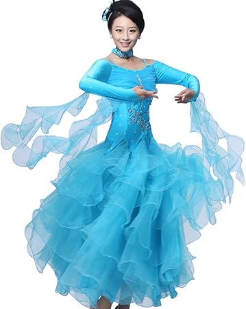 Amazon Co Jp Wansi 発表会用 ラテン系 豪華 ダンスドレス ワルツ専用スカート 社交ダンスドレス モダンダンス 衣装 開場ドレス ワンピース 水色 S 服 ファッション小物