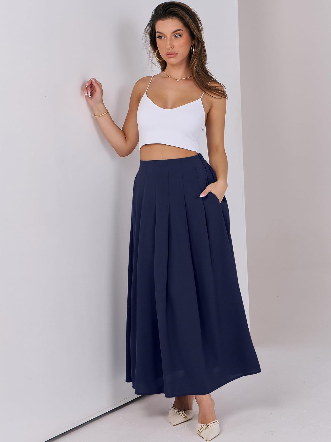 ANRABESS Women A-Line Pleated High Waist Maxi Skirt Full Ankle Length Flowy Swing Elegant Dressy Casual Work Long Skirts